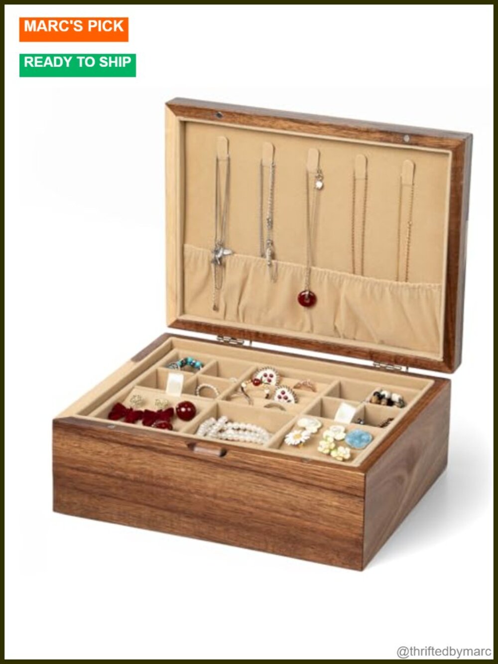 Acacia Wood Jewelry Box with Hinged Lid Removable Velvet Tray